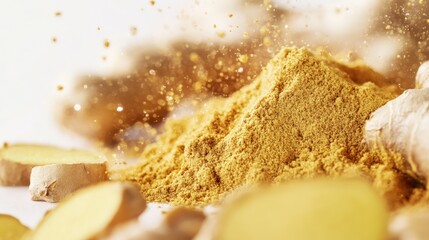 A close-up of fresh ginger root and ground ginger powder, highlighting the vibrant color and texture of the spice.