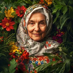 A close-up portrait of an elderly woman with a gentle smile, surrounded by vibrant flowers and greenery.