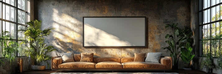 Wall Mural - A modern living room with a large, blank canvas hanging above a brown sofa.