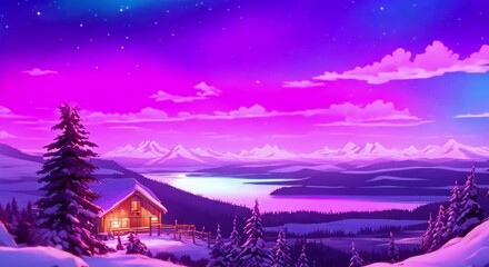 Aurora Lights Glowing in the night sky of northern pole 4K Anime Style