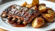 © Plaifah - A gourmet presentation of grilled pork ribs on a white plate, drizzled with a reduction sauce and paired with roasted potatoes, creating an elegant twist on a classic dish.