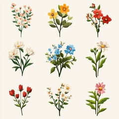 Sticker - A collection of nine hand-drawn floral bouquets featuring various colors and styles.