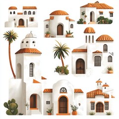 Canvas Print - A collection of nine illustrated Mediterranean style houses, featuring white walls, terracotta roofs, and palm trees.