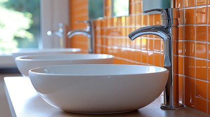 Closeup of three white bathroom sinks with chrome faucets against an orange tile wall.