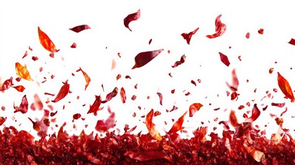 Poster - Abstract image of red leaves and petals falling against a white background, creating a vibrant and dynamic visual effect.