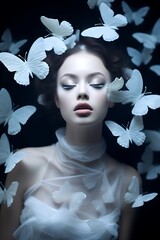 Canvas Print - A young woman with closed eyes surrounded by white butterflies on a black background.