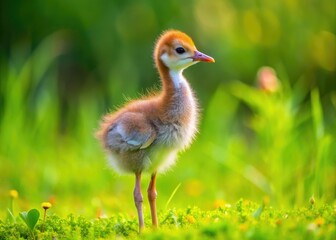 A baby crane chick sports soft gray feathers, standing tall in a lush green meadow, surrounded by wildflowers and tall grasses.