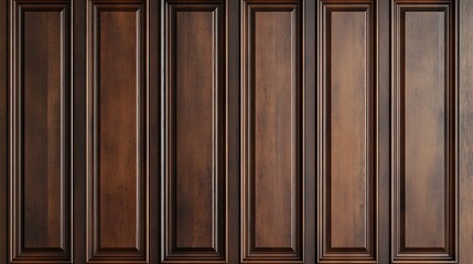 Wall Mural - A close-up view of a wooden panel wall with a rich brown finish and detailed molding.