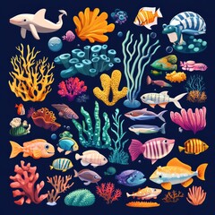 Canvas Print - A colorful collection of sea life, including fish, coral, seaweed, and a shark.