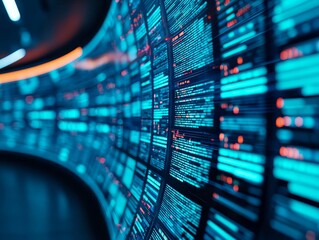 Abstract digital data visualization with vibrant blue and red lights in a futuristic setting, ideal for technology themes. illustration