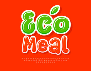 Wall Mural - Vector healthy template Eco Meal. Playful Red Font. Funny Glossy Alphabet Letters and Numbers set.