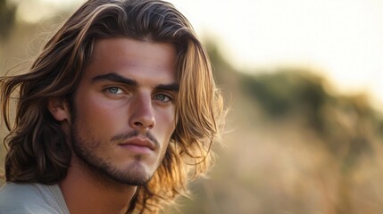 A man with a long, flowing hairstyle, styled with soft waves, set against a natural outdoor backdrop to emphasize a relaxed and carefree vibe.