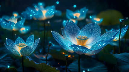 A close-up of a glowing blue lotus flower in a dark, mystical forest.