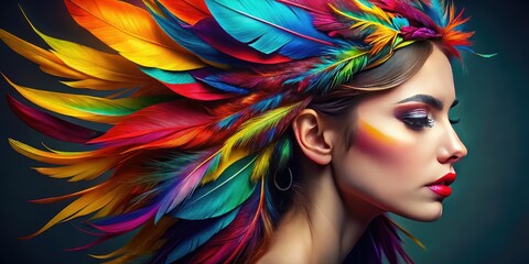 A brilliant feather, alive with color, is delicately placed along the curve of a woman's flowing locks, her hairstyle an artistic canvas.