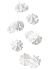 Poster - Delicious meringue cookies in air on white background