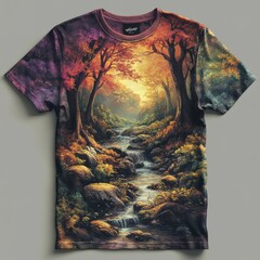 Wall Mural - A colorful t-shirt with a forest scene, featuring a flowing stream, trees, and a sunset.