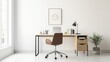 © Plaifah - A minimalist home office with a sleek desk, a simple ergonomic chair, and a few well-organized essentials, set against a clean, white backdrop.