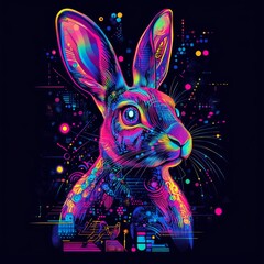 Wall Mural - A colorful, digital art illustration of a rabbit's head with a futuristic, neon design.