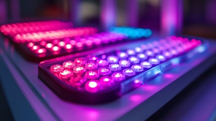 Closeup of colorful LED lights arranged in rows.