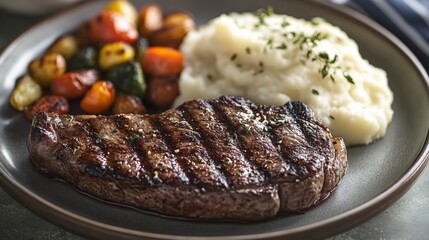 Wall Mural - A perfectly grilled steak served on a plate with a side of roasted vegetables and mashed potatoes, showcasing a classic and hearty meal.