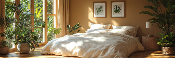 Sticker - A bright and airy bedroom with a large bed and lots of plants.