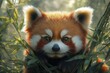 © julija - playful red panda peeking through vibrant green bamboo stalks dappled sunlight casting soft shadows whimsical expression lush forest backdrop