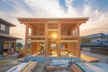 Canvas Print - Under construction wooden timber framing in Japanese style house architecture building.