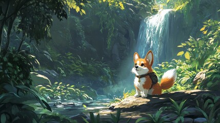 Canvas Print - A cute corgi dog with a backpack sits on a rock near a waterfall in a lush green forest.