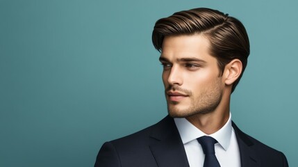 A professional man with a neatly combed back hairstyle, dressed in a business suit, highlighting a sophisticated and polished appearance.