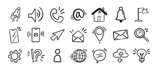 contact doodle hand drawn icon. isolated communication signs for business