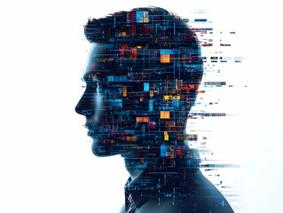 Flat Vector Illustration of AI Policy Analyst Hologram: Extreme Close-Up of Data Processing with AI Brain Visualization and Flowing Data Streams on White Background