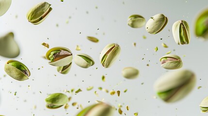 Green pistachios levitating in the air against a white background.