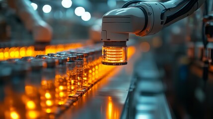 Robots with AI vision systems assembling products in a well-lit manufacturing facility