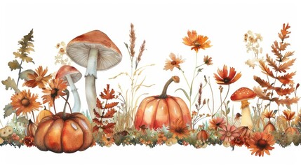 Sticker - Autumnal mushrooms pumpkins flowers illustration