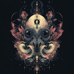 Wall Mural - A dark and intricate illustration of a skull with large eyes surrounded by floral and geometric patterns.