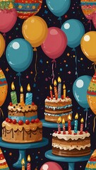 Sticker - Birthday celebration illustration with cakes, candles, and festive balloons.