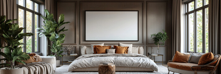 Elegant bedroom with a large, blank canvas above the bed.