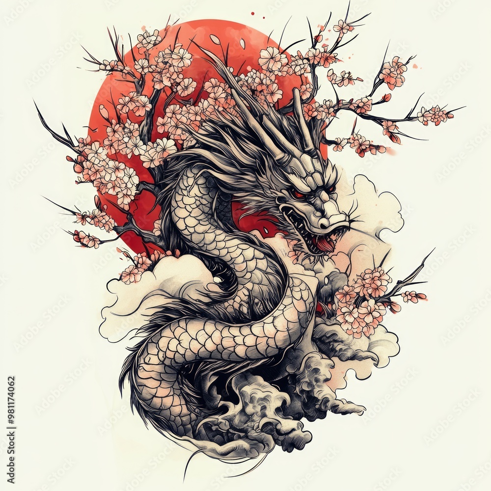 A detailed illustration of a Japanese dragon with cherry blossoms and a ...