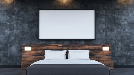 Poster - Modern bedroom with a large blank frame above the bed.