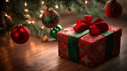 A beautifully wrapped Christmas gift sits beneath a decorated tree, surrounded by festive ornaments and warm, glowing lights.