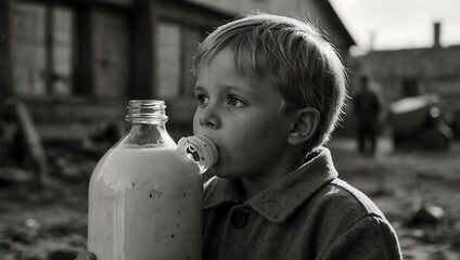 Sticker - Black and white photo of a Soviet child drinking from a large milk bottle.