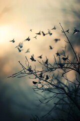 Wall Mural - silhouette of birds flying and perched on branches against a misty sunset sky.