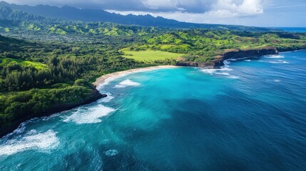 Aerial view of a serene coastline featuring turquoise waters meeting sandy shores with lush greenery in the background and subtle wave formations visible from above