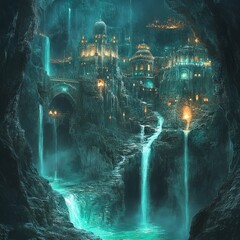 Sticker - A fantasy city nestled within a cave, illuminated by glowing waterfalls.