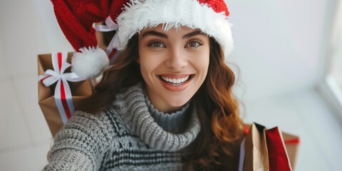 A stylish woman in a Santa hat happily shops for Christmas, radiating cheer and joy during the festive season. Her colorful and fashionable look complements the holiday spirit as she picks out gifts