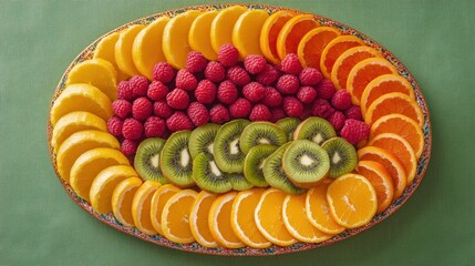 Colorful assortment of fresh fruits arranged in a visually appealing platter featuring strawberries raspberries oranges and kiwis on a vibrant background