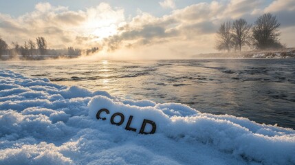 Poster - beautiful snowy winter scene, river with mist rising, early morning light. On the side of the river is the word 