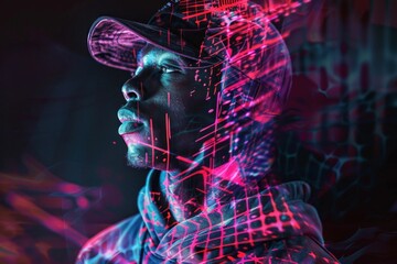 Canvas Print - Portrait of a man with a hoodie, illuminated by vibrant neon lights in abstract patterns A mesmerizing light projection adds depth and intrigue