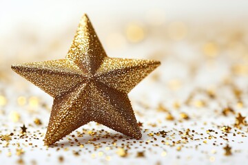 Wall Mural - Close-up of a shimmering golden star ornament, surrounded by sparkling golden confetti. 