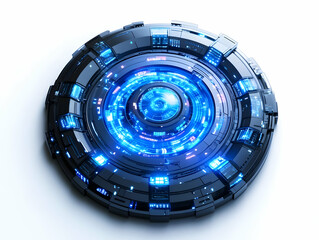 Extreme Close-Up of a Futuristic Flat Holographic Campaign Button Interface - Interactive Design with Glowing Blue Accents, Isolated on White Background for Smart Business Concepts